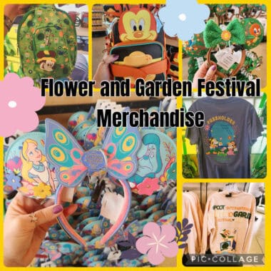 Disney flower and garden festival merchandise including backpacks, accessories, and apparel.