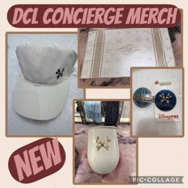 DCL Concierge merchandise including a hat, tablecloth, pins, and a mug.
