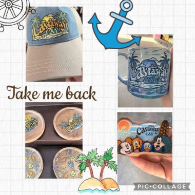 Disney Castaway Cay themed souvenirs including a hat, mug, and coasters. Perfect for Disney fans and.