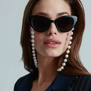 Elegant woman wearing pearl sunglasses and stylish dark hair.