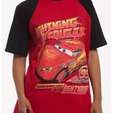 Bright red Lightning McQueen graphic T-shirt for children, featuring the iconic racing car from Disn.