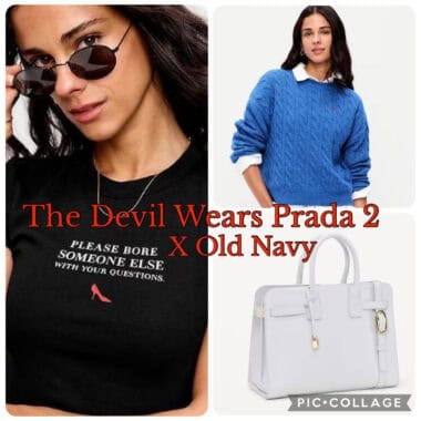 Stylish young woman in blue sweater and white shirt, white handbag, and trendy sunglasses.