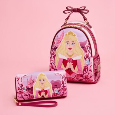 Aurora Sleeping Beauty backpack and wallet with castle and forest design.
