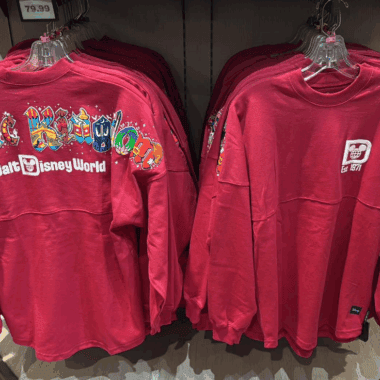 Red Disney World kids sweatshirts with colorful logo and design.