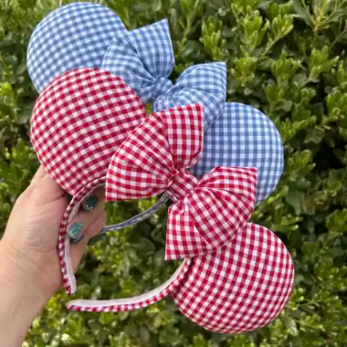 Cute Minnie Mouse ears headbands with red and blue gingham bows.