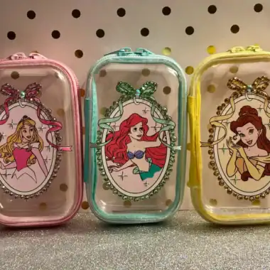 Disney Princess clear mini cosmetic bags with iconic character designs.