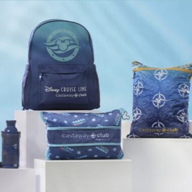 Disney Cruise Line Castaway Club branded backpack, pouch, and water bottle on display.