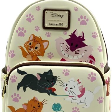 Cute Disney cat backpack with colorful paw prints and cartoon cats design.