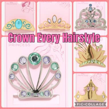 Collection of Disney princess-themed hair crowns and tiaras for kids and adults.