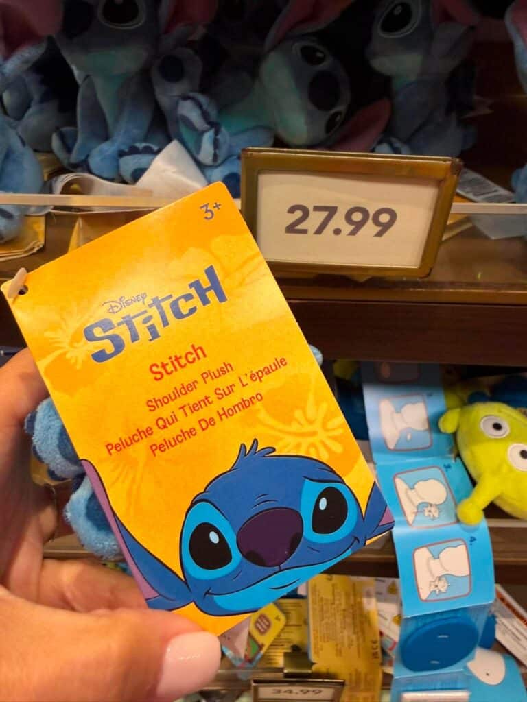 Disney Stitch shoulder plush toy for kids at Disney store.