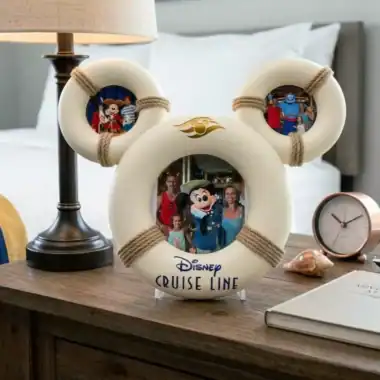 Mickey Mouse themed decor with Disney characters on a bedroom nightstand.