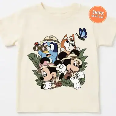 Cute Disney characters on a kids' T-shirt with jungle theme and butterfly.