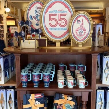 Walt Disney World 55th anniversary themed merchandise display.