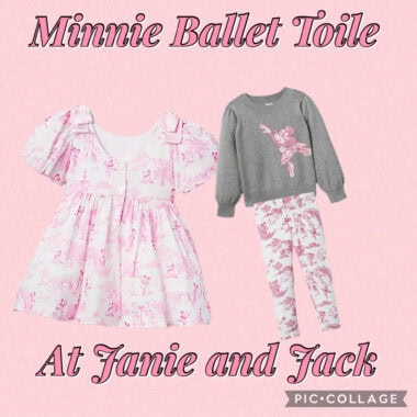 Minnie Mouse ballet toile children's clothing set with pink and white patterns.