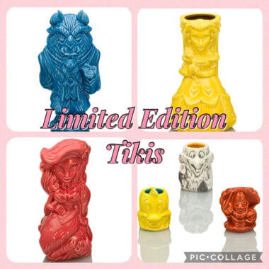 Colorful tiki figurines in blue, yellow, red, and white with detailed designs.