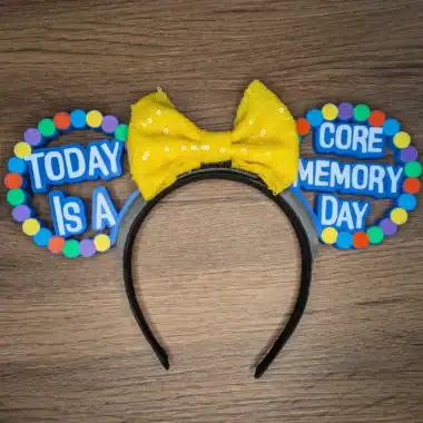 Colorful Disney Memory Day Mouse Ears headband with yellow bow and message.